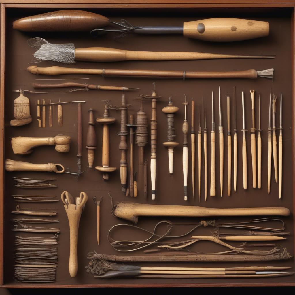 Collection of antique basket weaving tools showcasing various types and materials