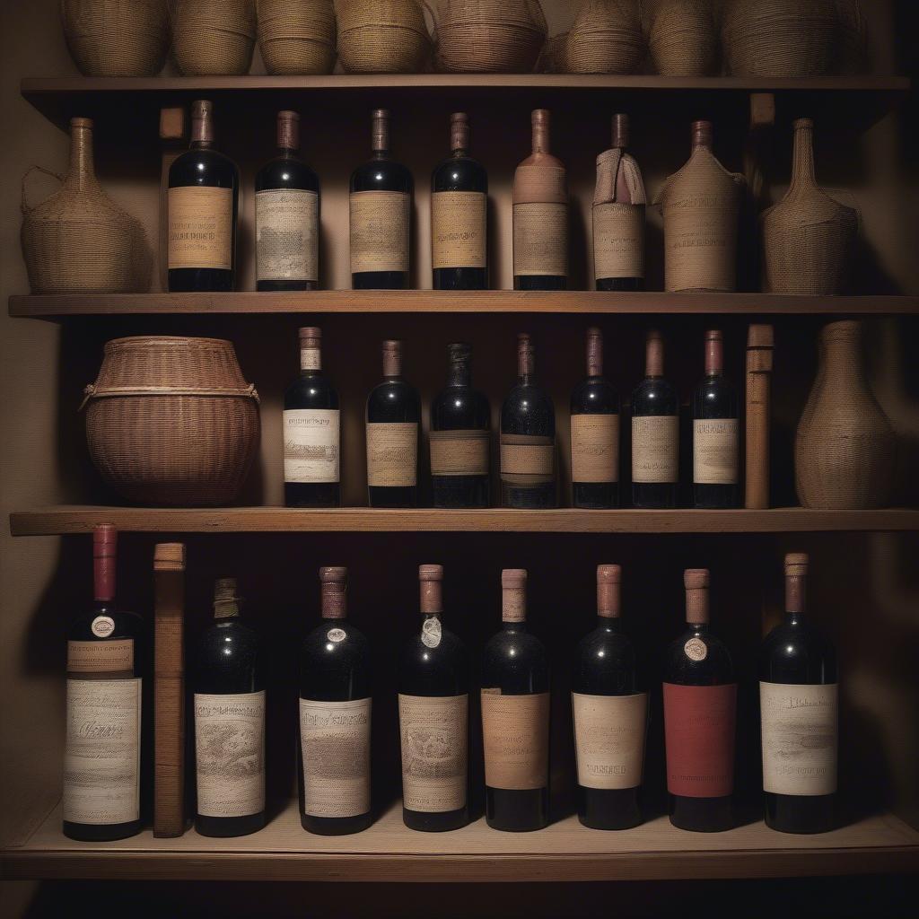 A collection of antique Chianti fiasco bottles.