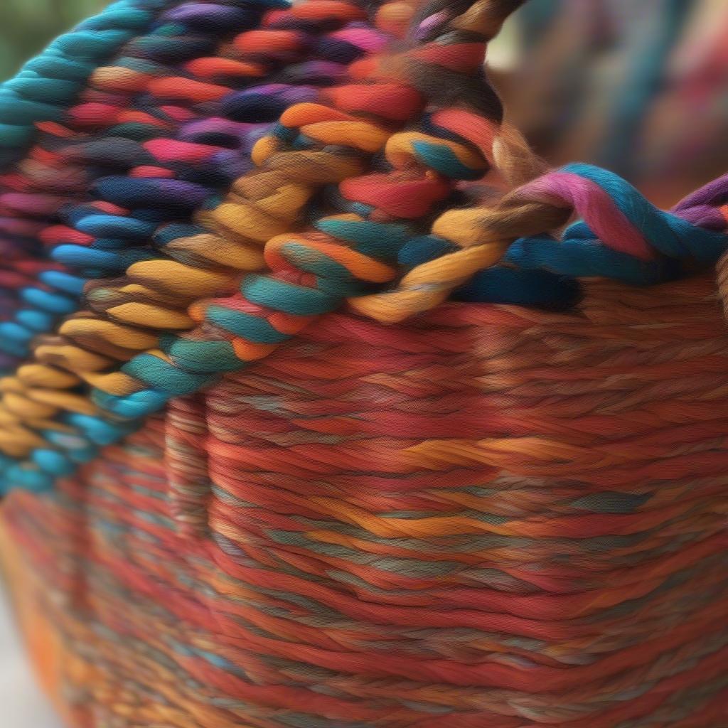 Close-up of an antique handwoven market bag from Ecuador or Peru, showcasing the intricate details of the weaving and the sturdy braided rope handles.