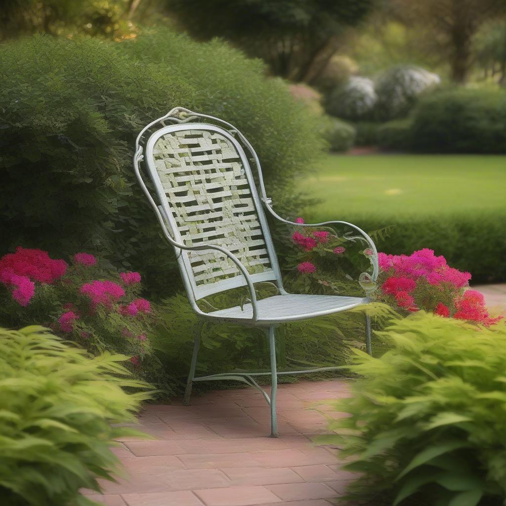 Antique metal lawn chair with basket weave in a garden setting