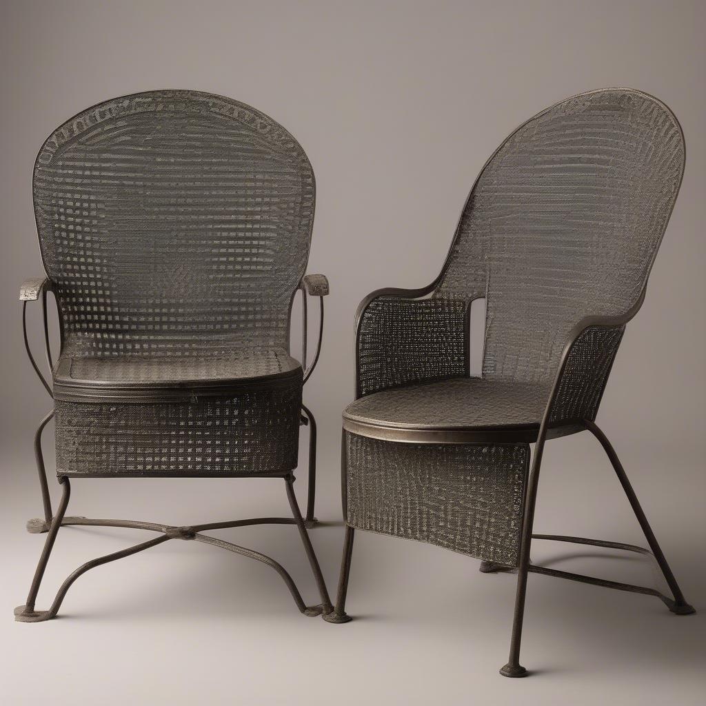 A collection of antique metal lawn chairs with various basket weave patterns