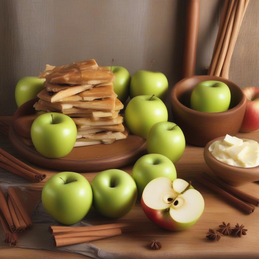 Fresh apples, cinnamon sticks, sugar, and butter are arranged on a wooden cutting board, ready to be transformed into a delicious apple pie filling.