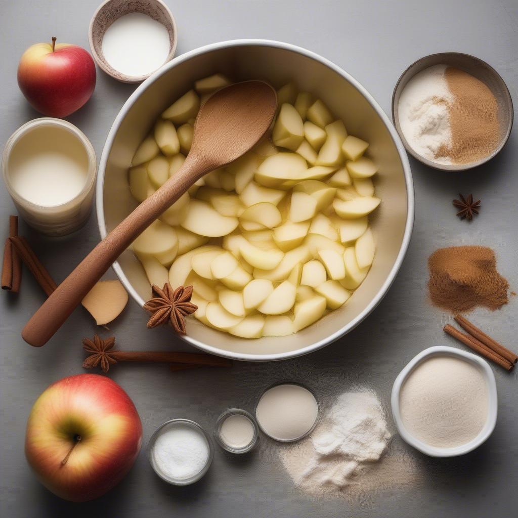 Preparing the apple pie filling with fresh, sliced apples, spices, and thickener.