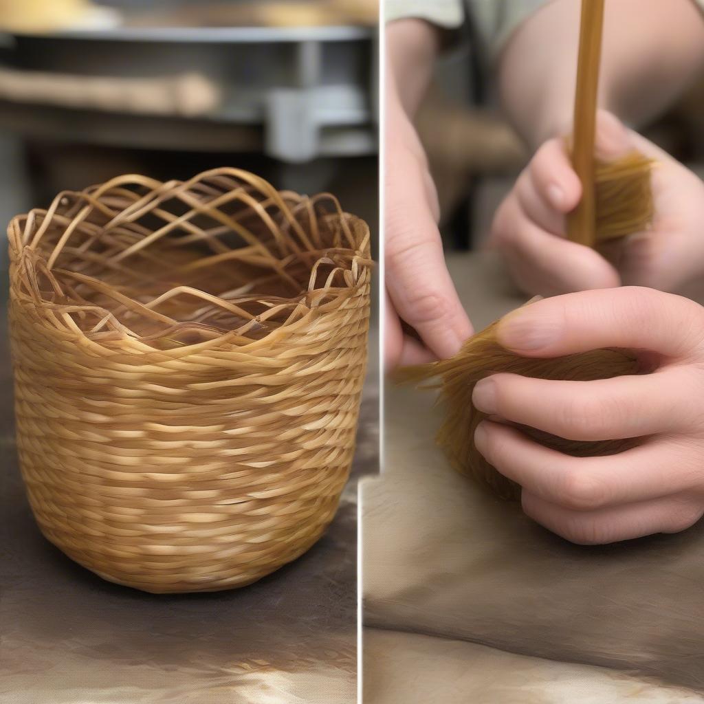 Applying beeswax to a cattail basket