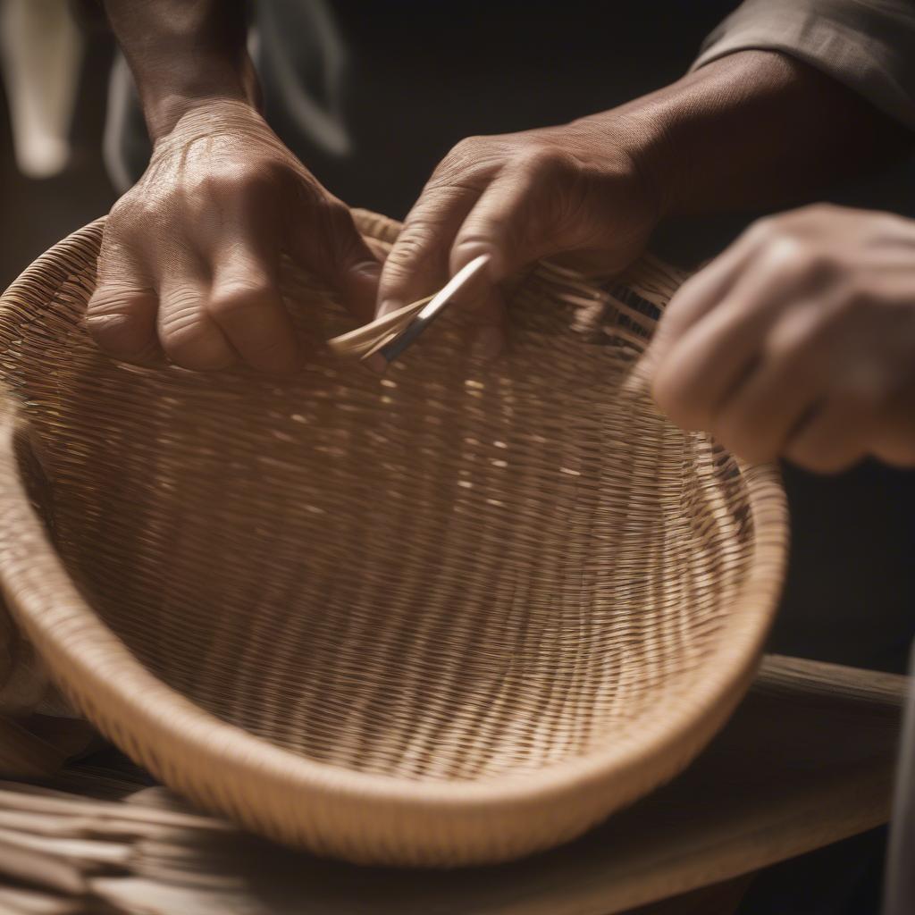 Applying a rim to a rattan basket for a finished look.