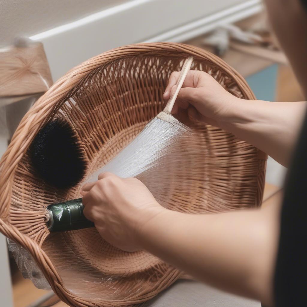 Applying sealant to a painted wicker basket