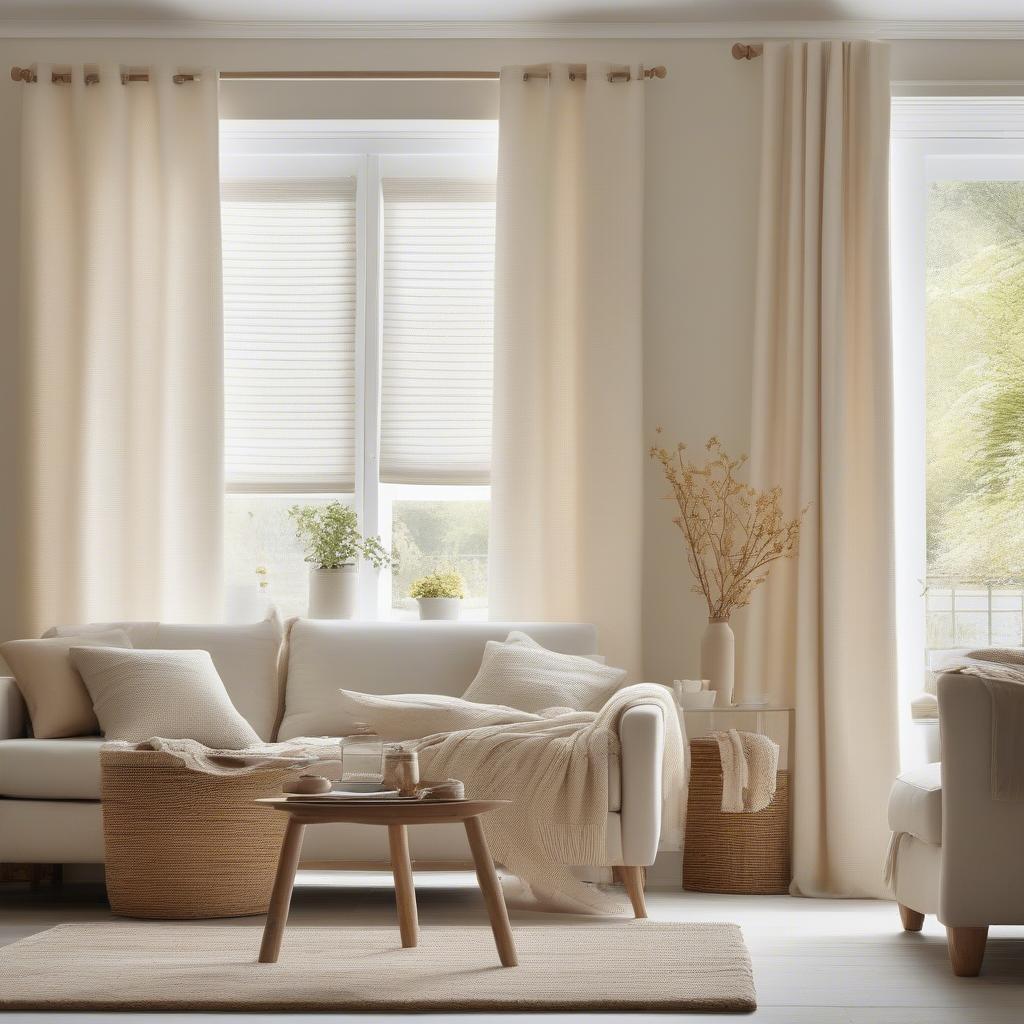 Natural light filtering through argos basket weave curtains in a living room.