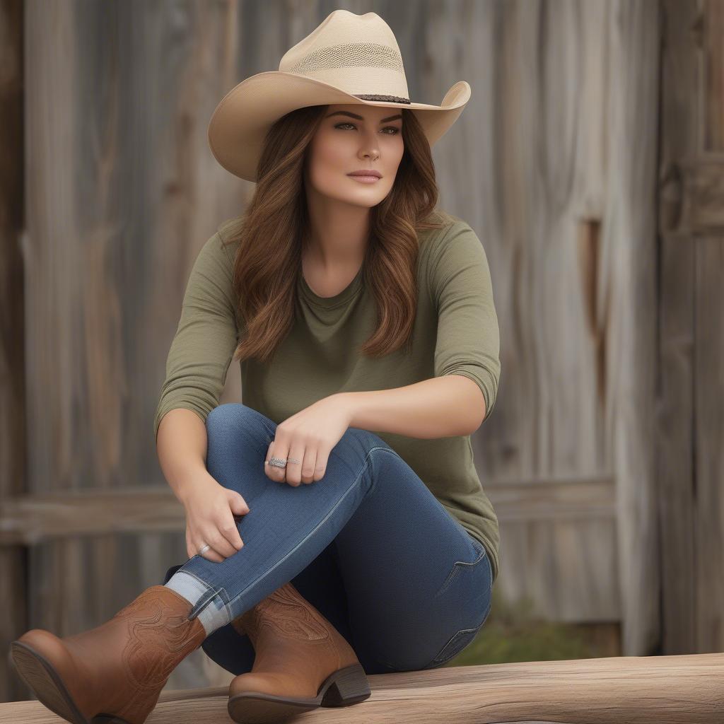 A model wearing an Ariat twisted weave cowboy hat, showcasing how it complements a casual outfit.