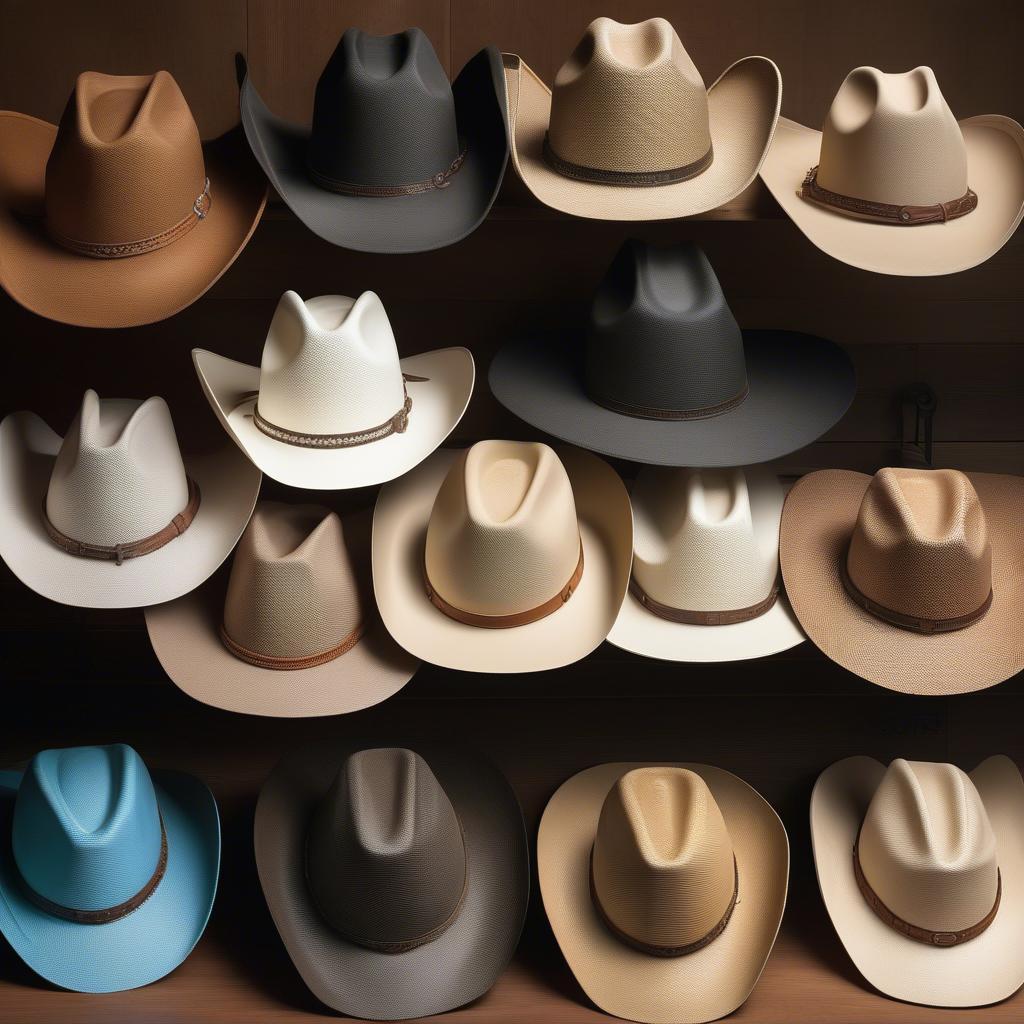 Different styles of Ariat twisted weave cowboy hats showing variations in brim width and crown height