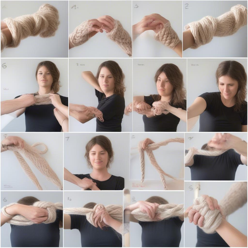 Demonstration of various arm knitting techniques, including casting on, knitting, purling, and casting off.