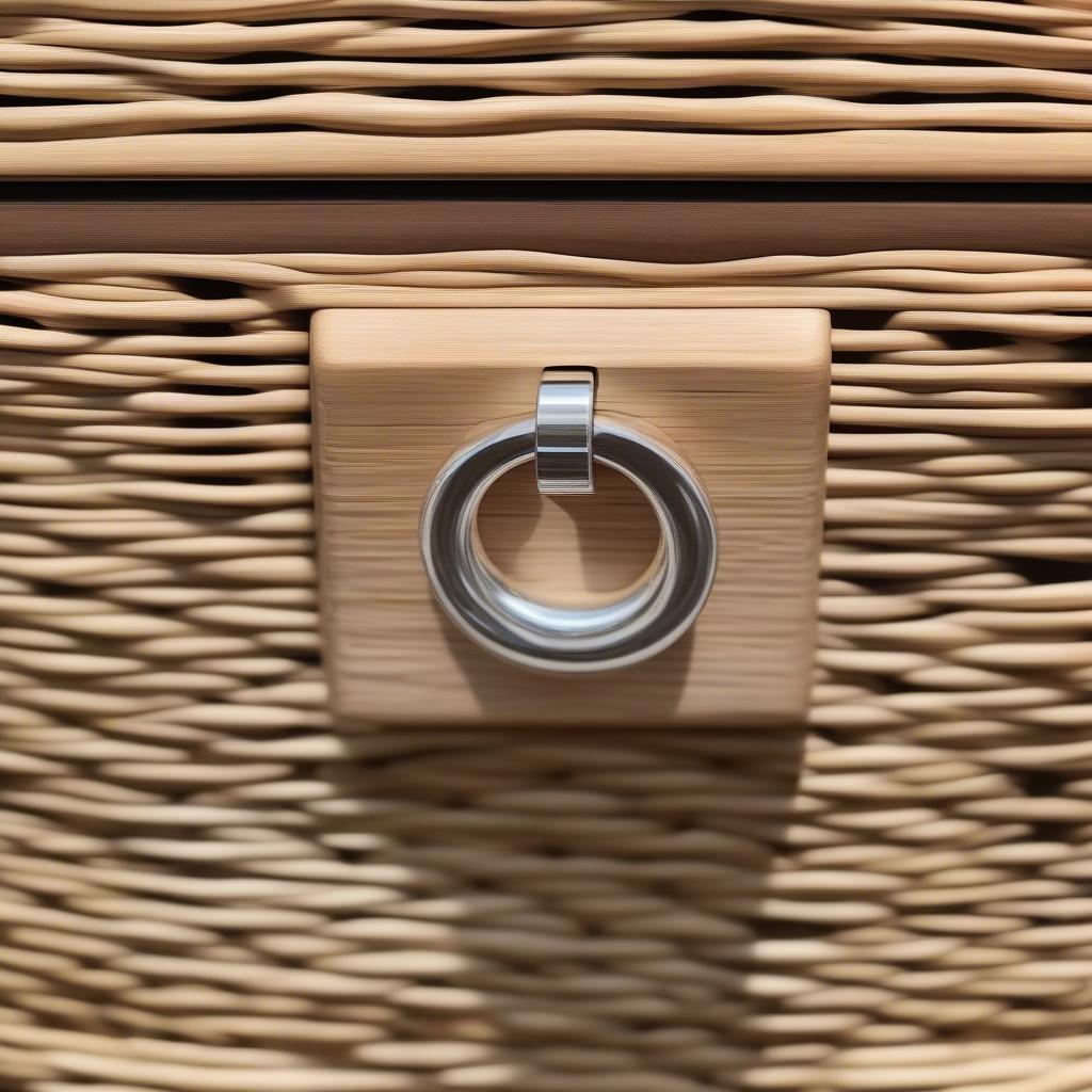 Armac Basket Weave Ring Pull installed on a wicker drawer, demonstrating its practical application and aesthetic appeal.