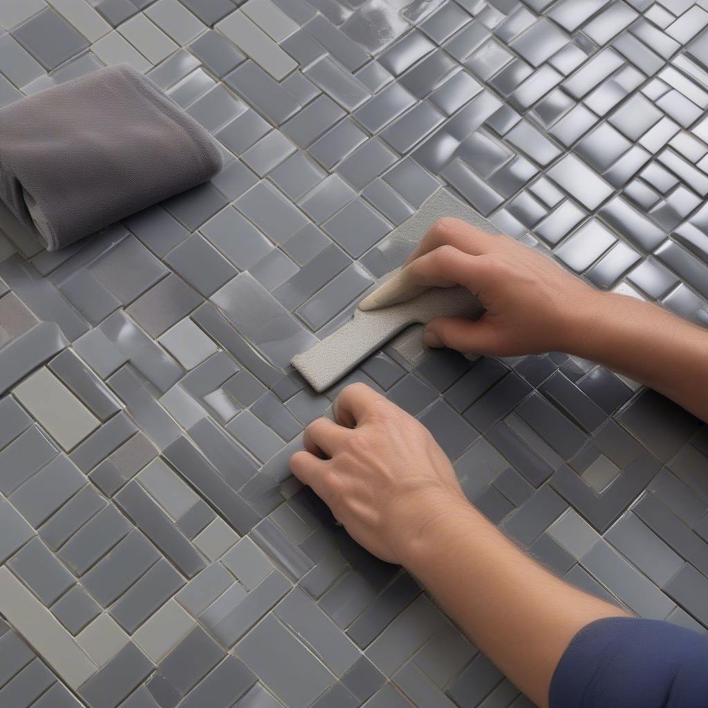 Applying Artic Grey Basket Weave Mosaic Polish