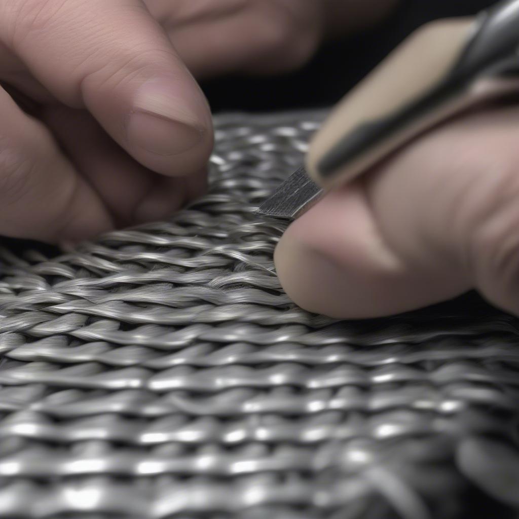 Artisan meticulously crafting a sterling silver basket weave ring