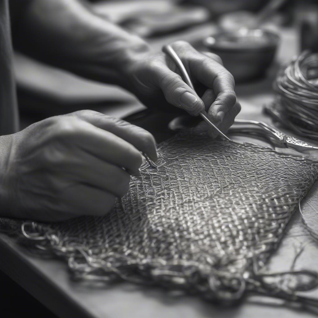 Artisan meticulously crafting a silver basket weave cuff bracelet