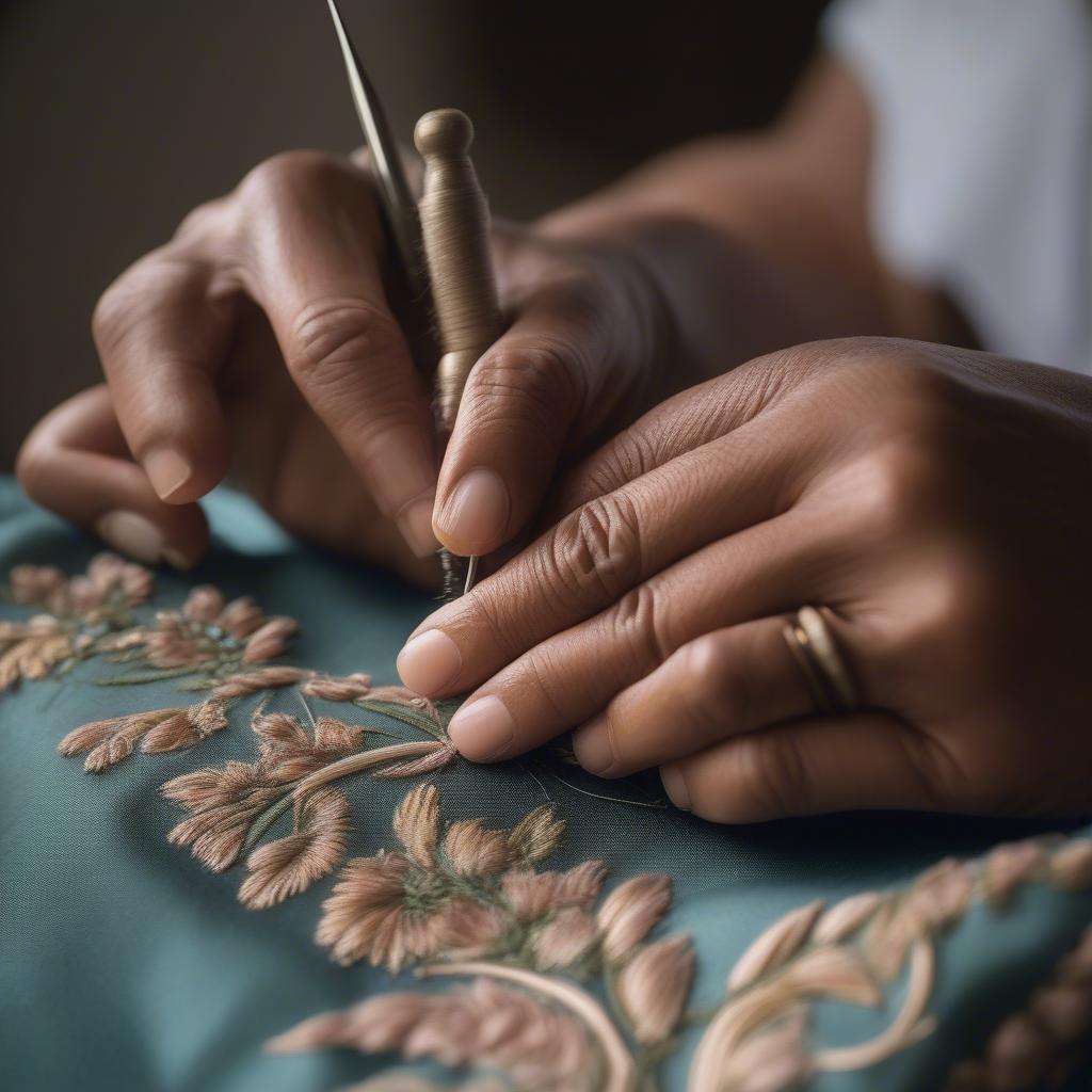 Artisan meticulously embroidering a satin weave bag