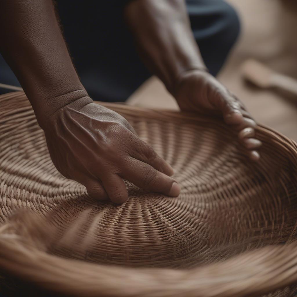 Artisan hand weaving a basket