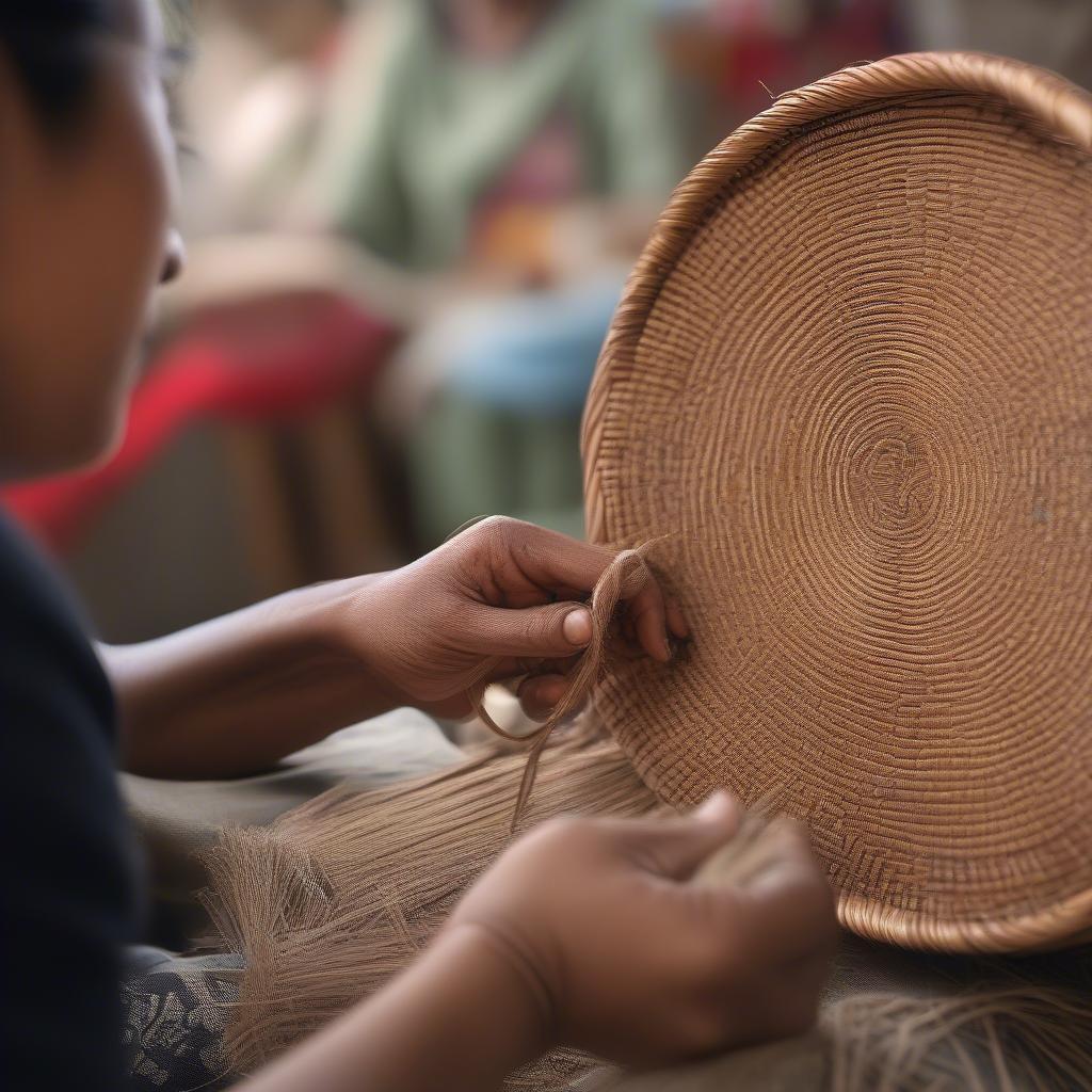 Artisan hand-weaving a basket bag