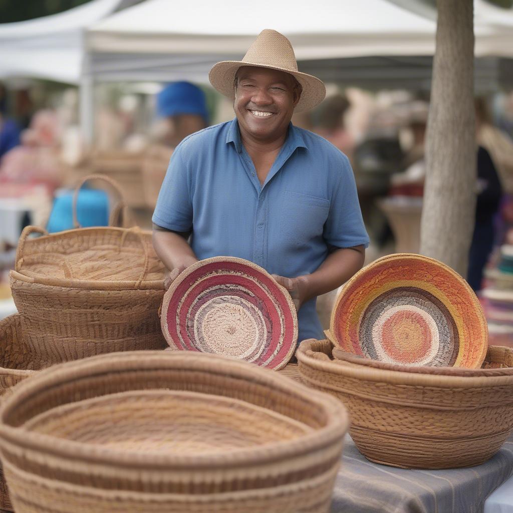 Artisan selling handmade wicker baskets at a craft fair