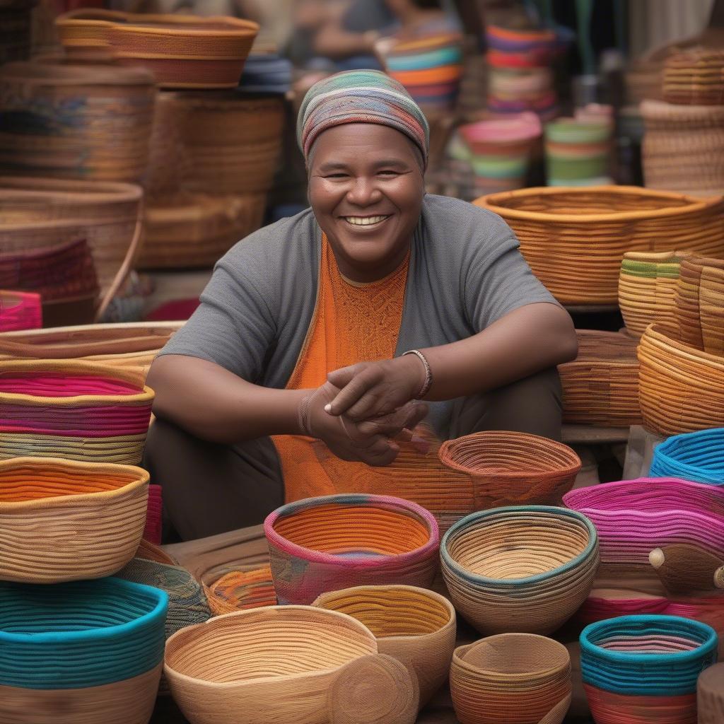 Artisan selling handwoven baskets at a craft market