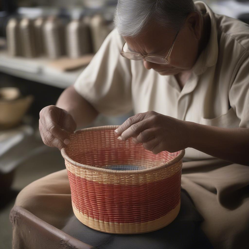 Artisan weaving a tiffin colored basket