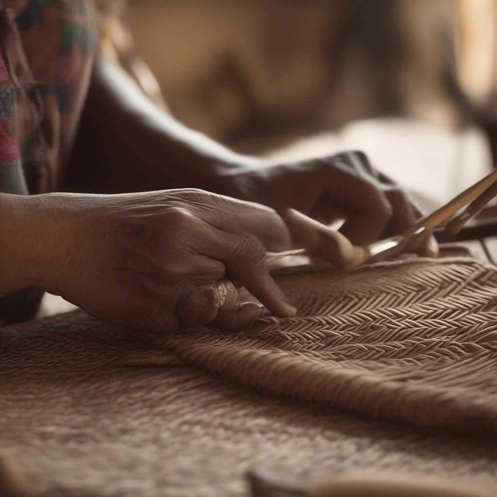 An artisan meticulously weaving a Havana crossbody bag, demonstrating the traditional handcrafting techniques.