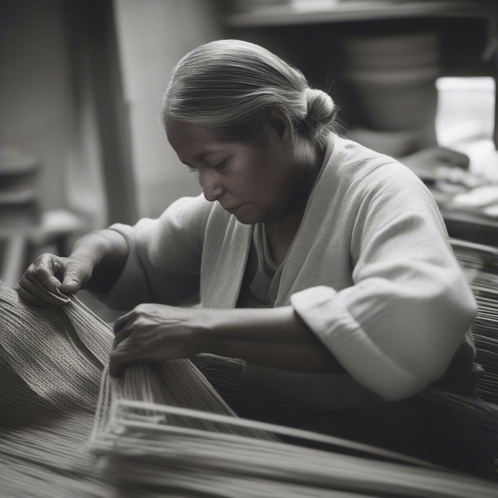 An artisan meticulously weaving a Jenny Walton bag, demonstrating the traditional techniques used.