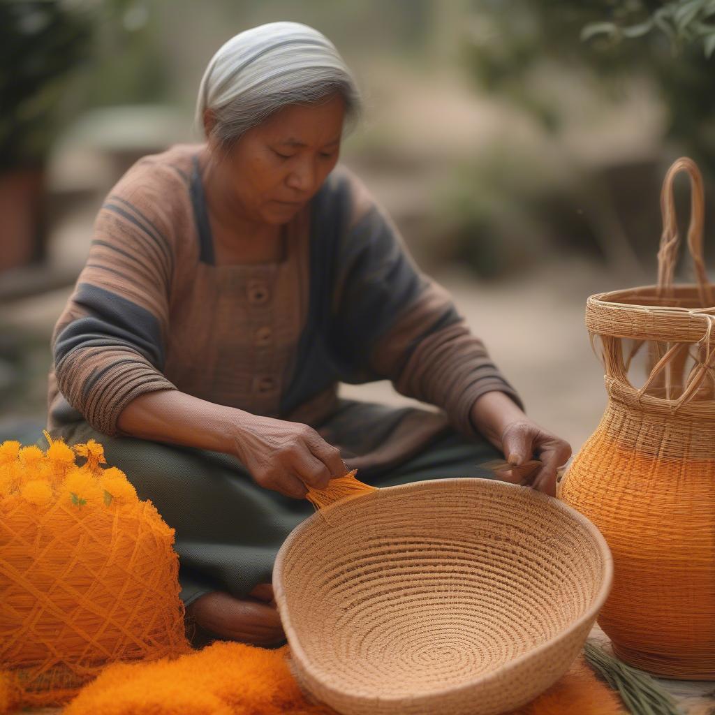 Skilled artisan weaving a marigold weave basket using traditional techniques.