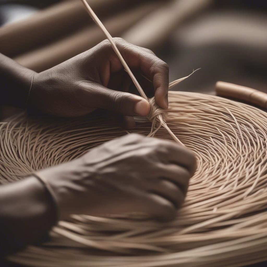 Artisan meticulously weaving a rattan bag, showcasing the traditional craftsmanship involved in creating these beautiful accessories.