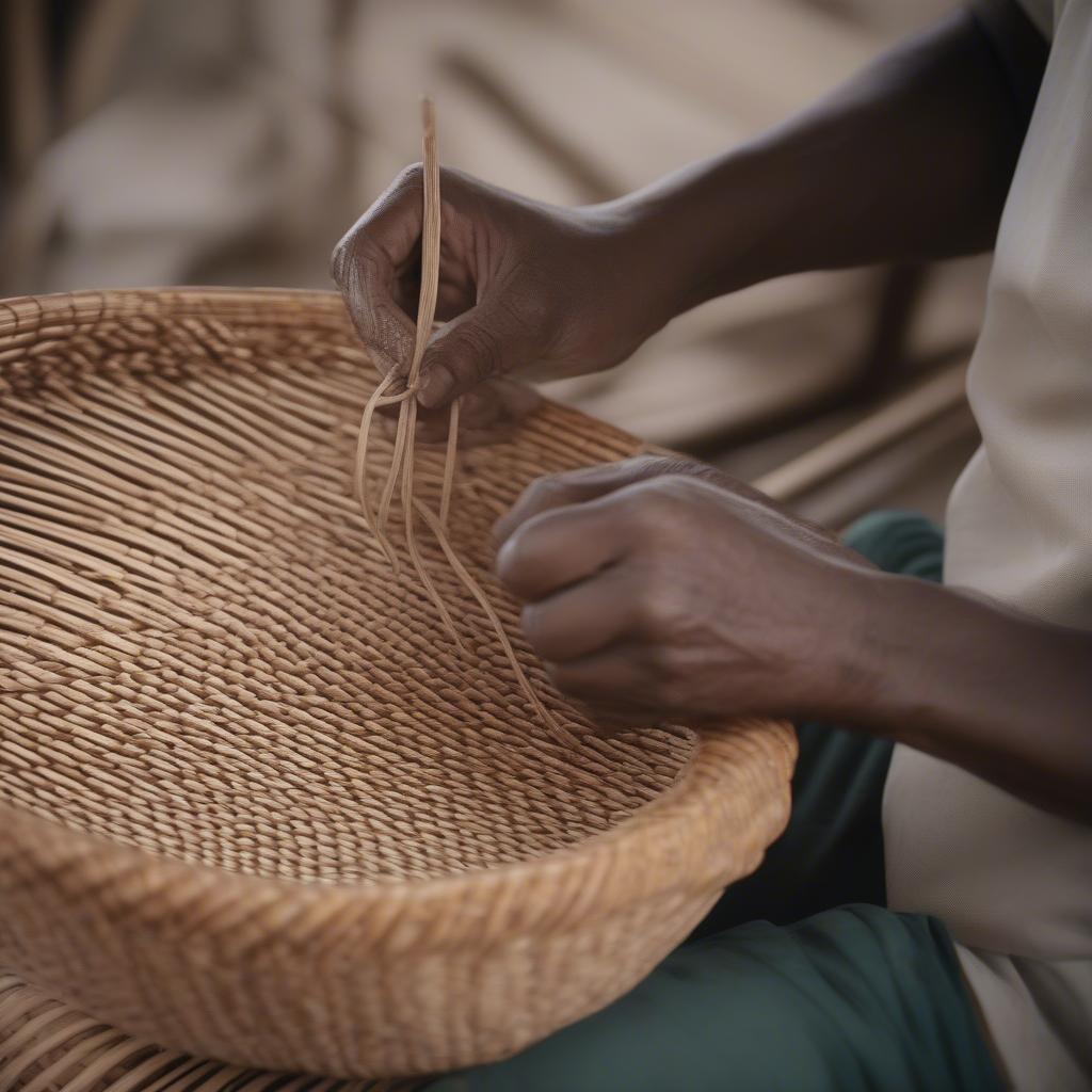 Artisan weaving a rattan basket using traditional techniques