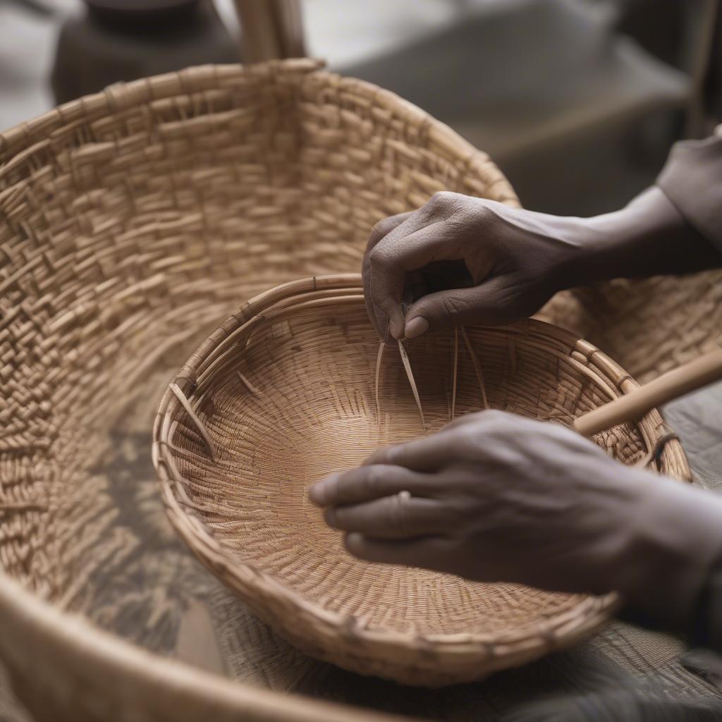 Skilled artisan weaving a rattan basket, demonstrating the traditional techniques and meticulous craftsmanship involved.