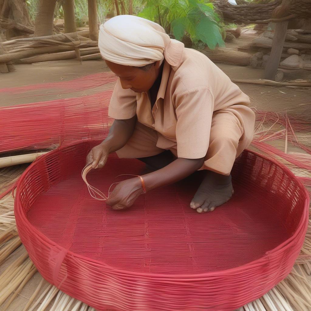 An artisan skillfully weaving a red weave basket, demonstrating the traditional techniques.