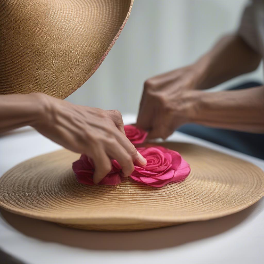 Artisan Weaving Rose into Straw Hat