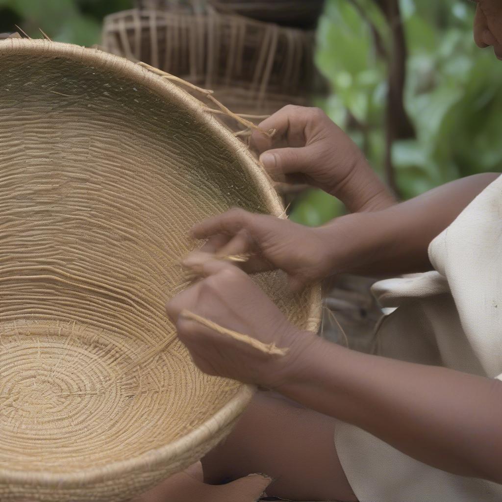 Artisan Hand-Weaving a Seagrass Basket Using Traditional Techniques