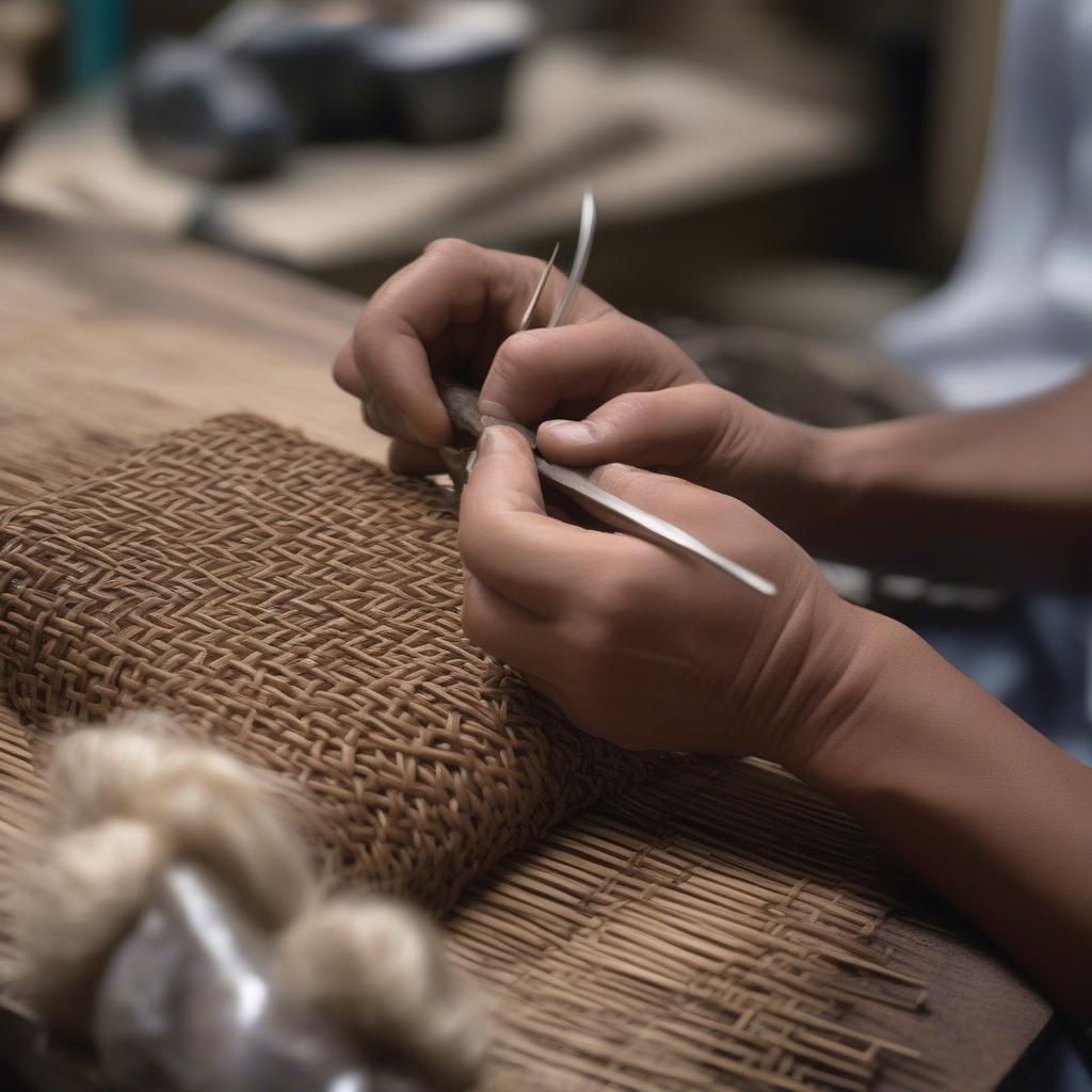 An artisan's hands meticulously weaving a small basket weave bracelet.