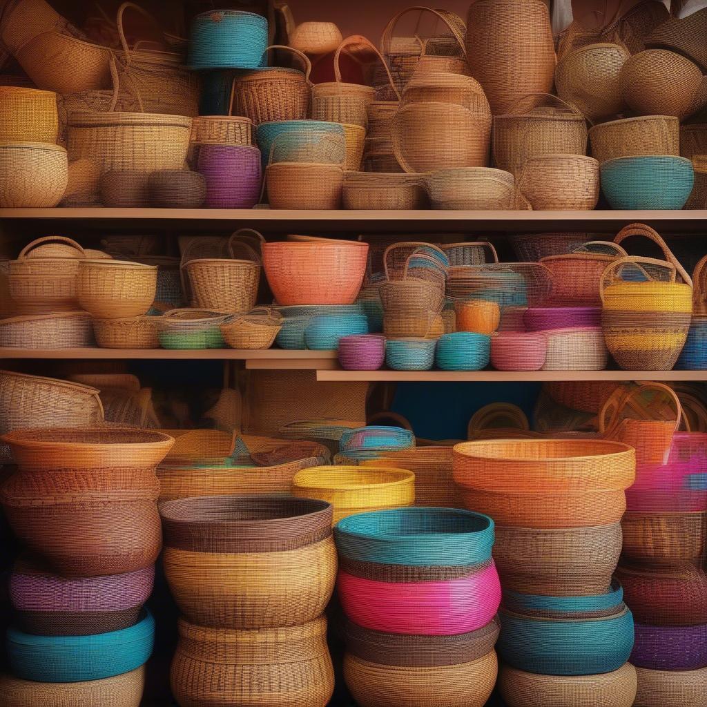 Variety of rattan baskets displayed in a craft market, showcasing different shapes and sizes.