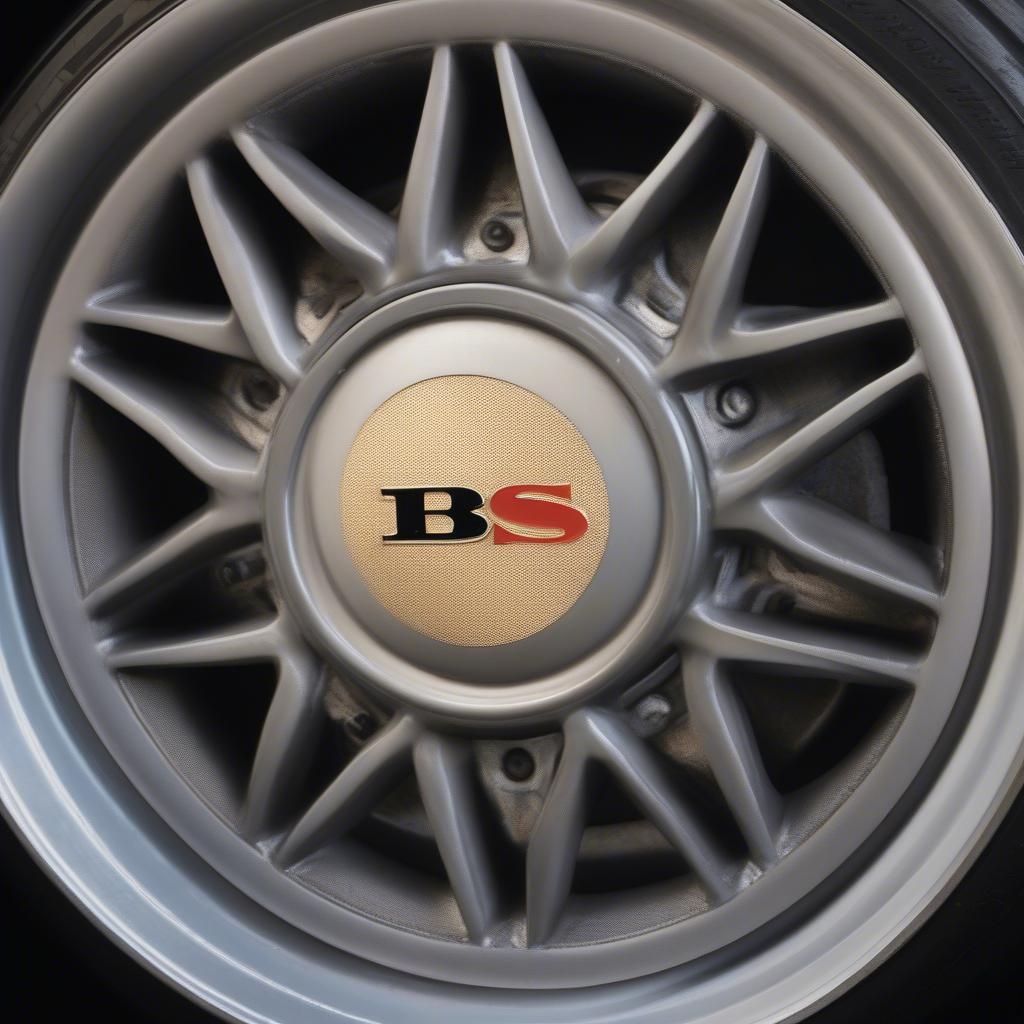 Detailed view of the BBS logo and identification markings on an authentic basket weave wheel.