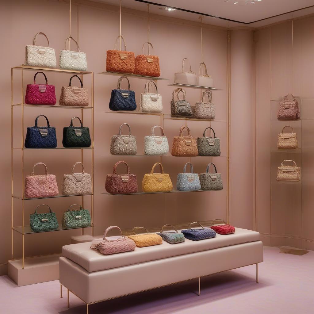 Authentic Miu Miu woven bags displayed in a high-end retail setting.