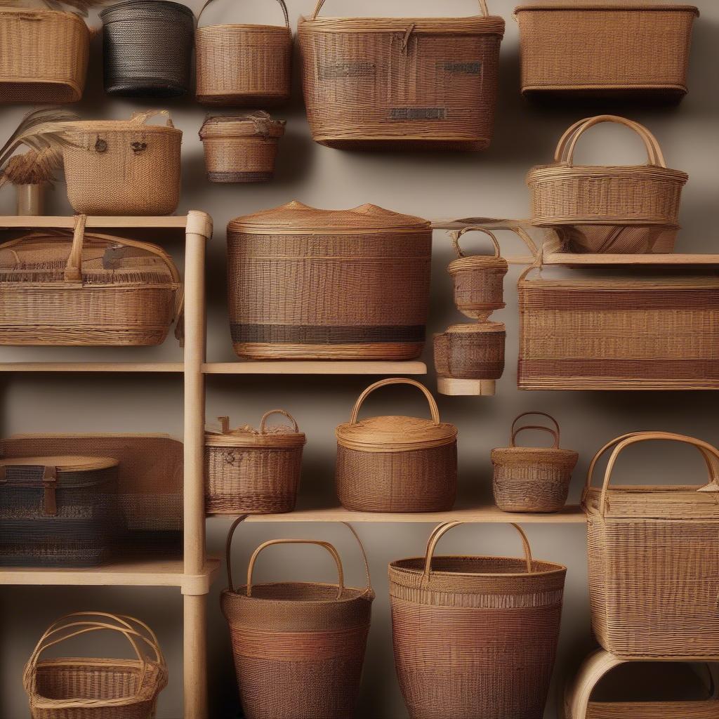 A collection of authentic vintage rattan and wicker baskets