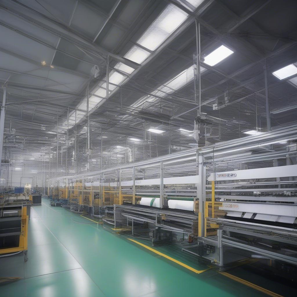 Automated polypropylene woven bag cutting system in a factory setting.