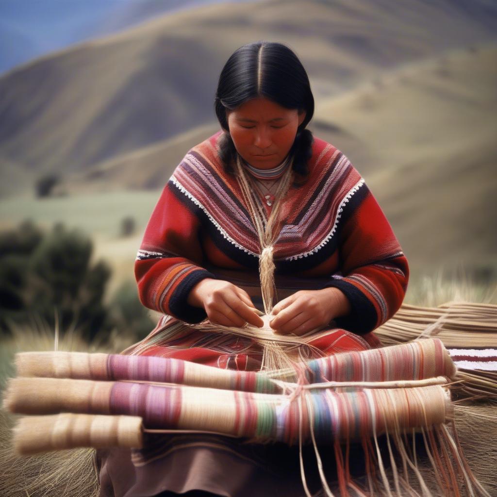 Aymara Woman Weaving a Traditional Coca Bag in the Andes Mountains