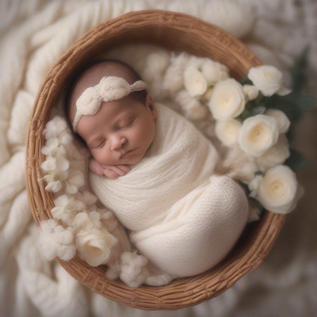 Newborn baby peacefully sleeping in a wicker basket, adorned with a soft blanket and delicate flowers, during a professional photoshoot.