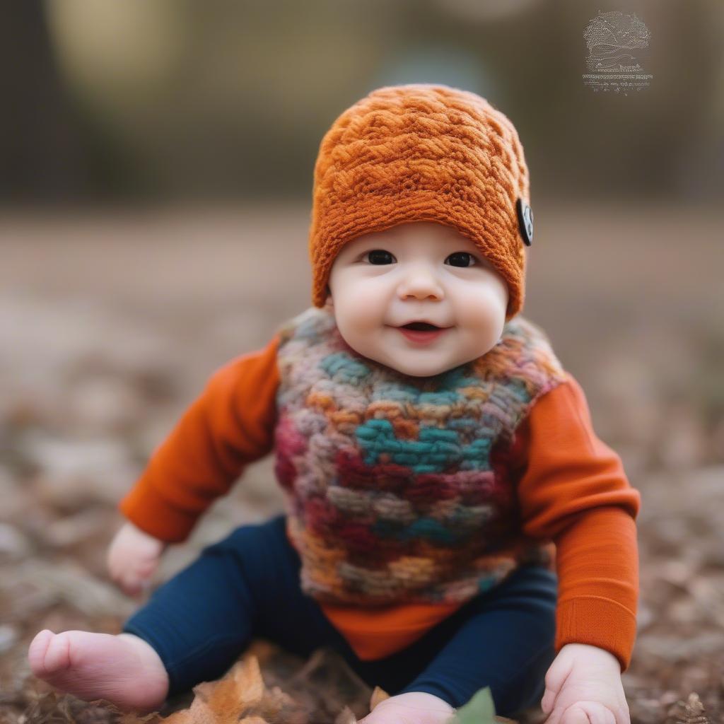 A baby wearing a handmade basket weave beanie.