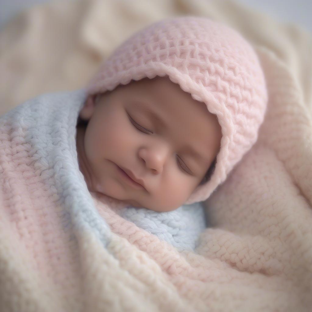 A baby comfortably wrapped in a crochet basket weave baby blanket