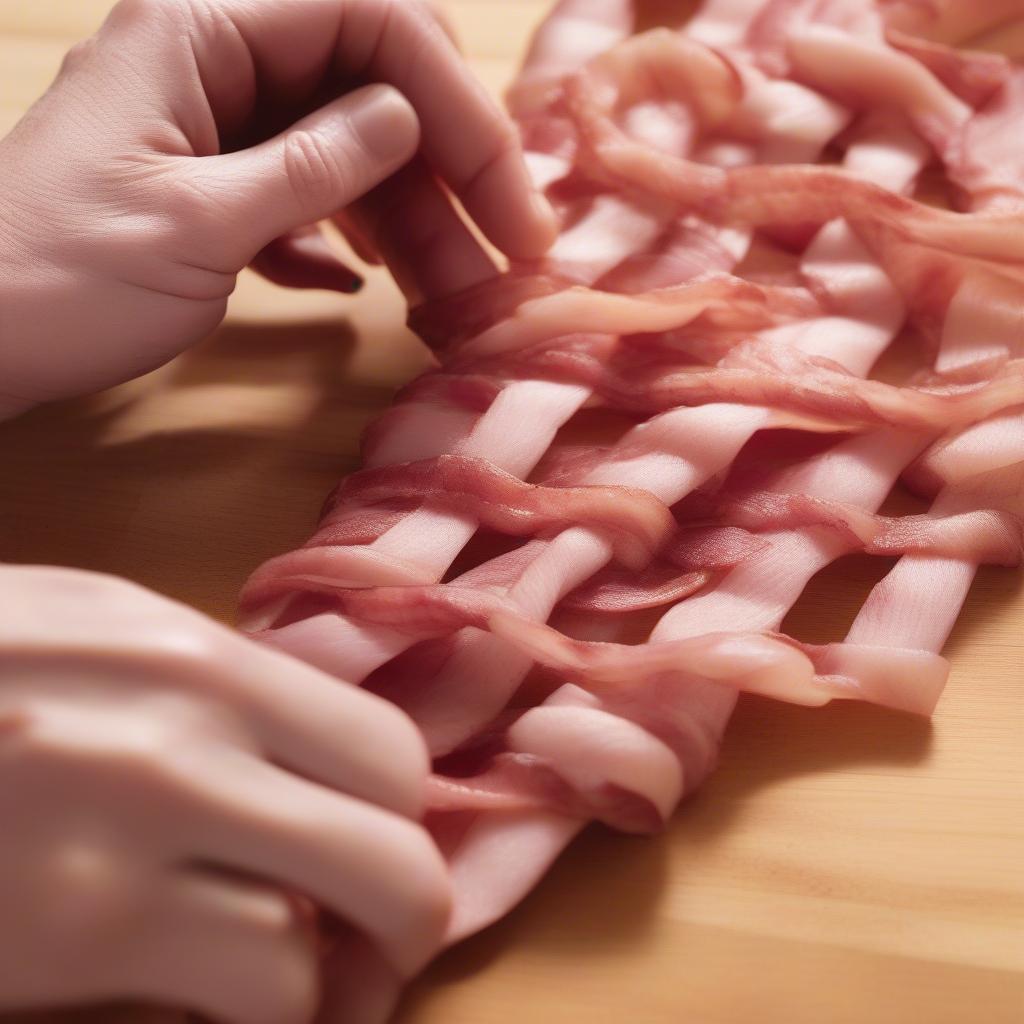 Close-up of the bacon weaving technique.