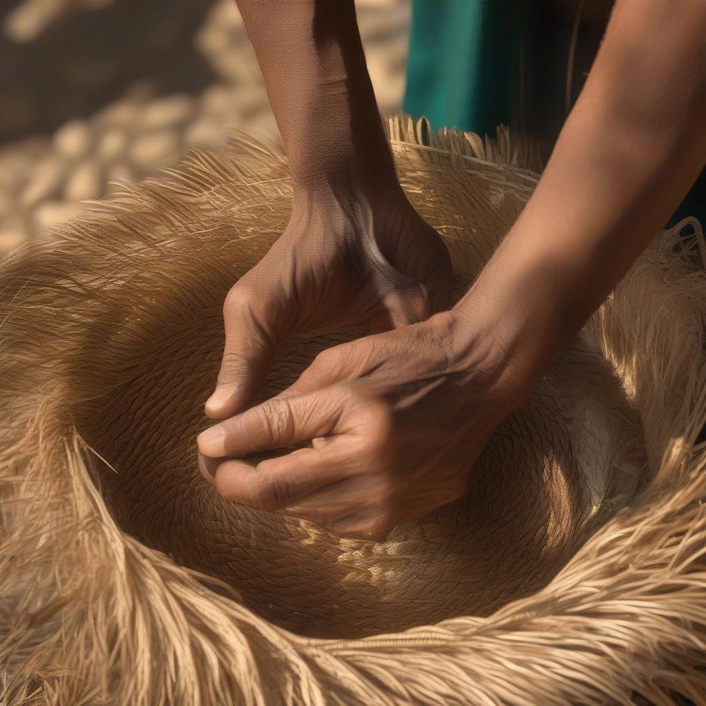 Bahraini artisan weaving a basket from date palm leaves