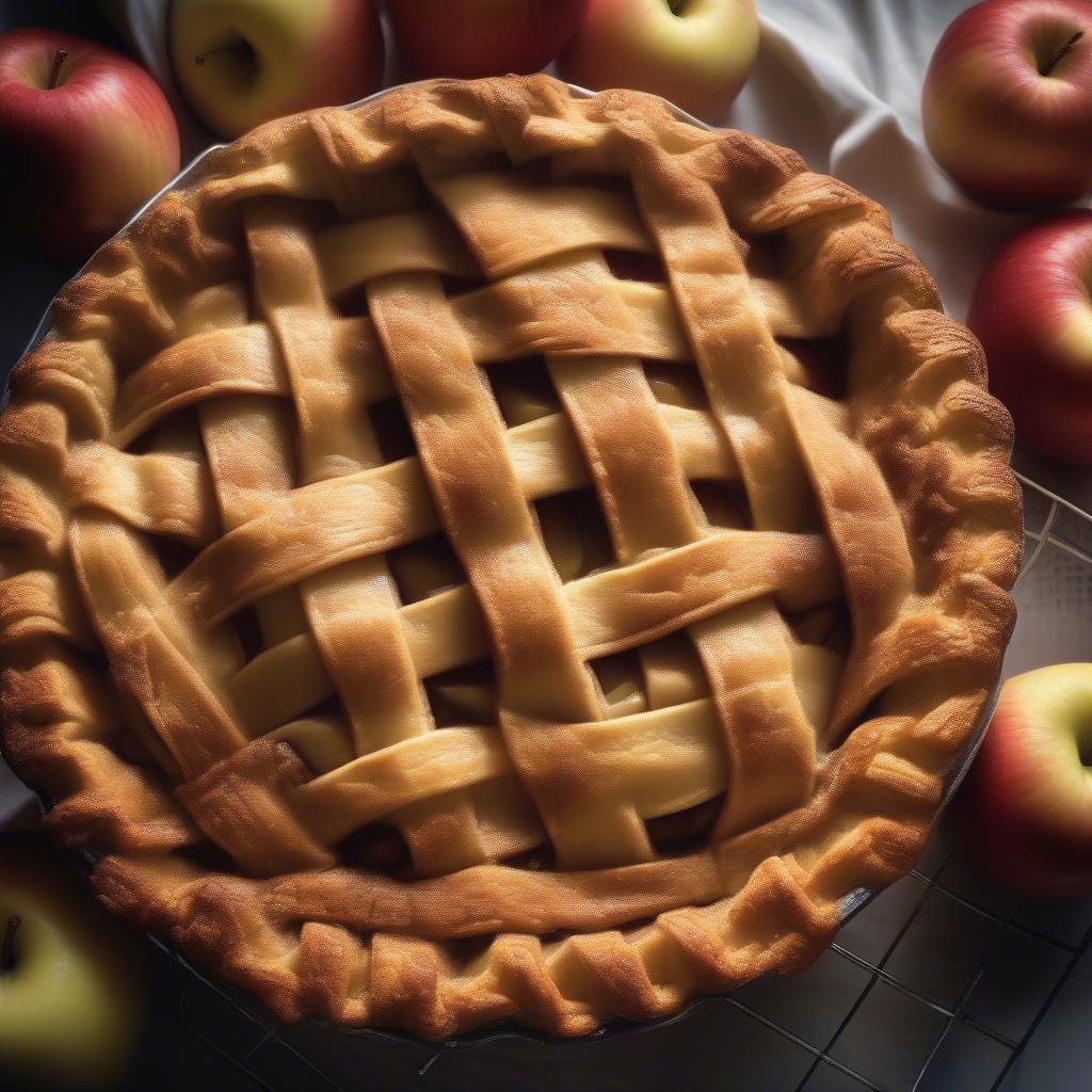 A whole baked basket weave apple pie sits on a cooling rack, its golden-brown crust glistening and the intricate weave pattern clearly visible.