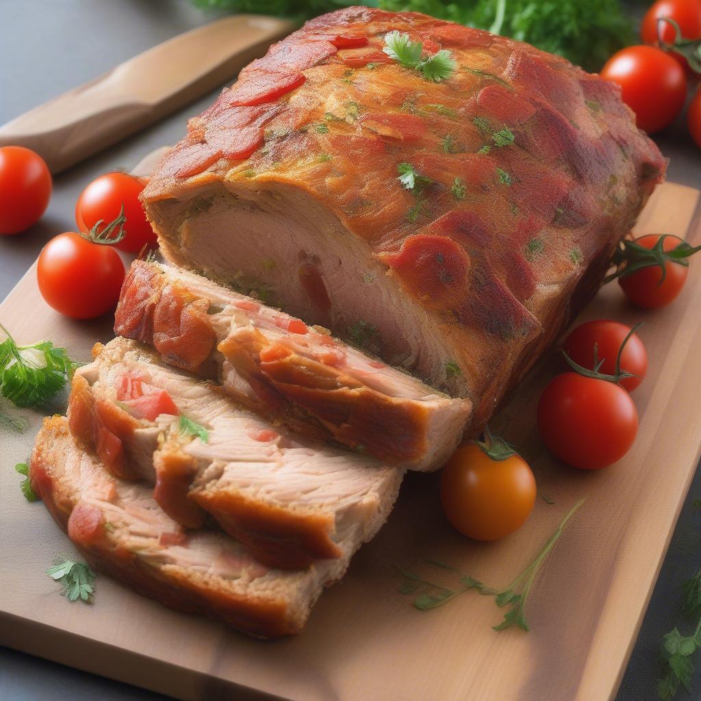 Perfectly baked chicken meatloaf with a golden brown bacon weave.