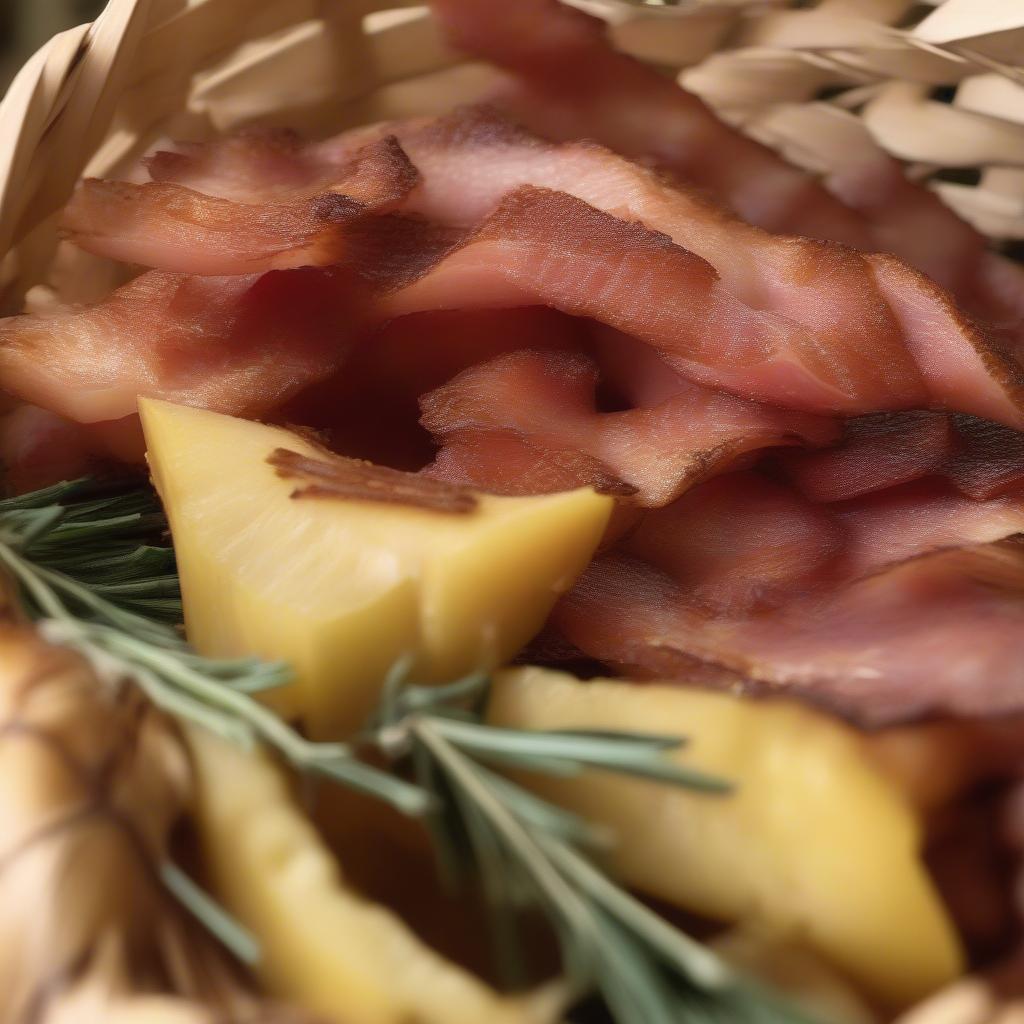 A perfectly baked swineapple bacon basket, garnished with fresh herbs.