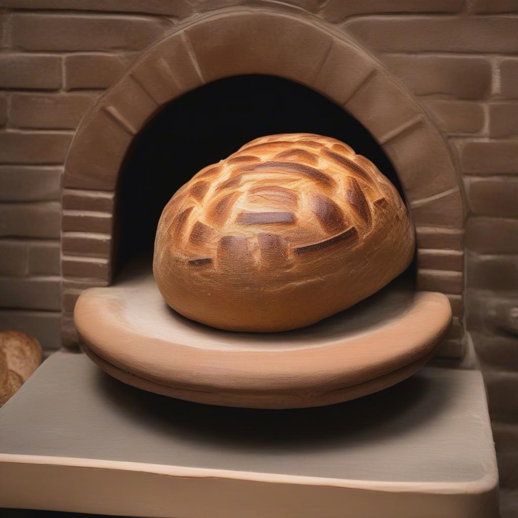 Baking bread in a glazed clay baker with basket weave design in a wood-fired oven