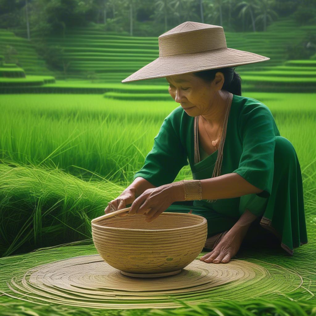 Balinese Woman Demonstrating Traditional Weaving Techniques